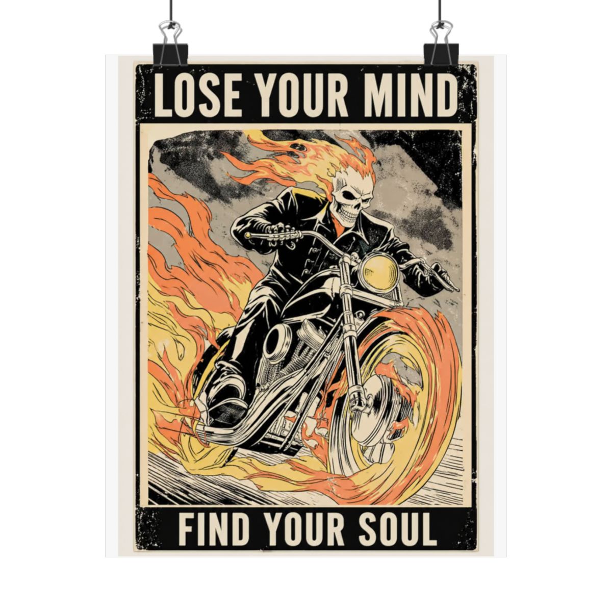 Framed Harley-Davidson poster depicting a flaming skull rider on a motorcycle. The poster includes the text "LOSE YOUR MINDFIND YOUR SOUL" at the bottom, with a vintage, distressed...