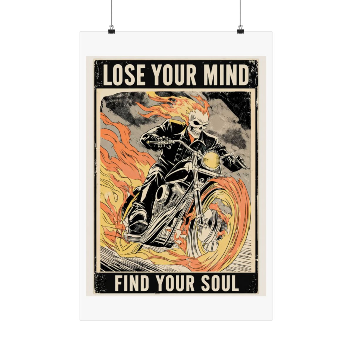 Framed Harley-Davidson poster depicting a flaming skull rider on a motorcycle. The poster includes the text "LOSE YOUR MINDFIND YOUR SOUL" at the bottom, with a vintage, distressed... - alternate angle 2, merchandise